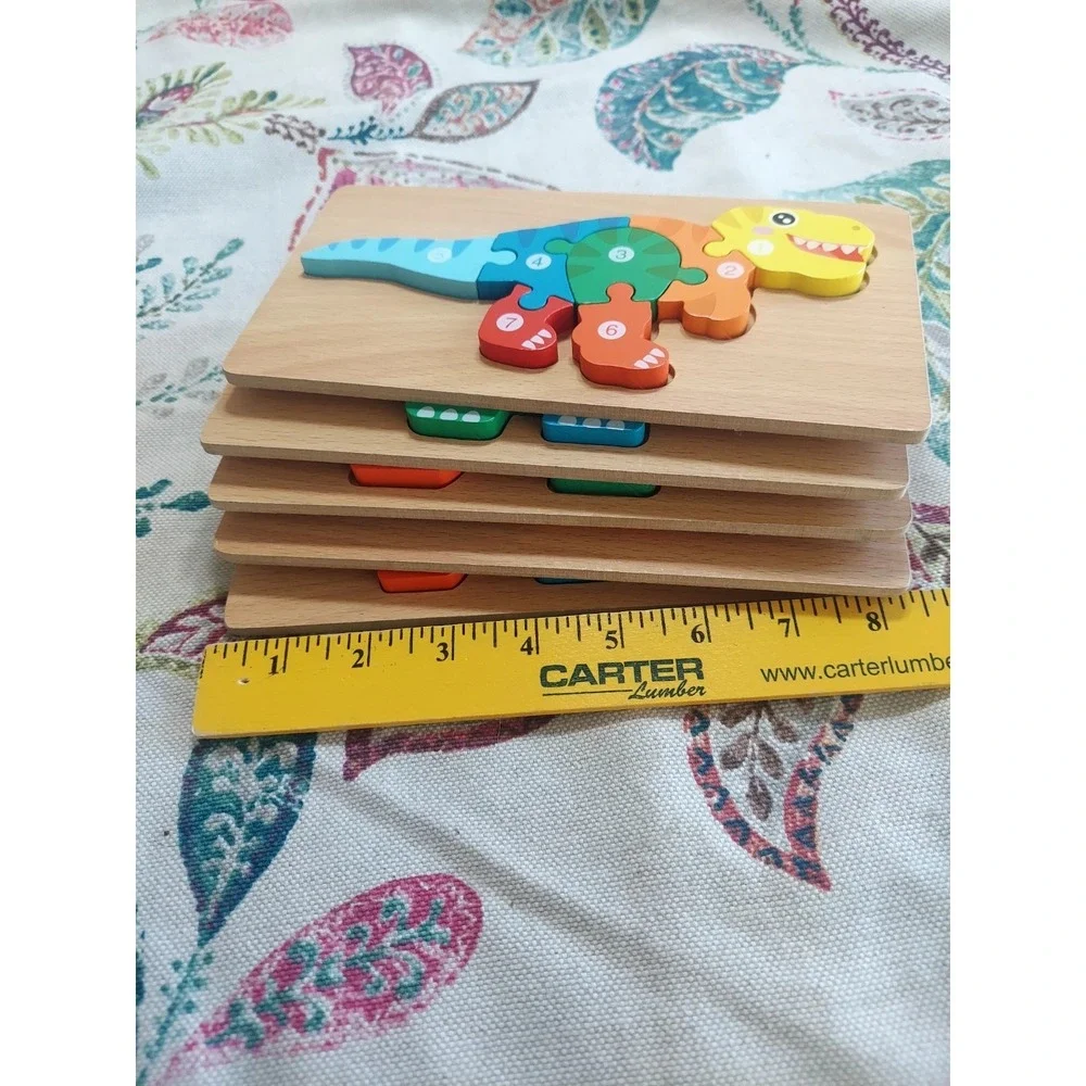 Set of 5 Wood Dinosaur Toddler Number Puzzles 3-5 Montessori Lead-Free Non-Toxic